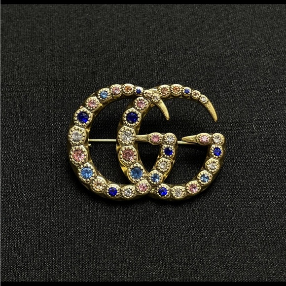 Gucci Jewelry - Gucci Gold Brooch with Pink and Blue Crystals